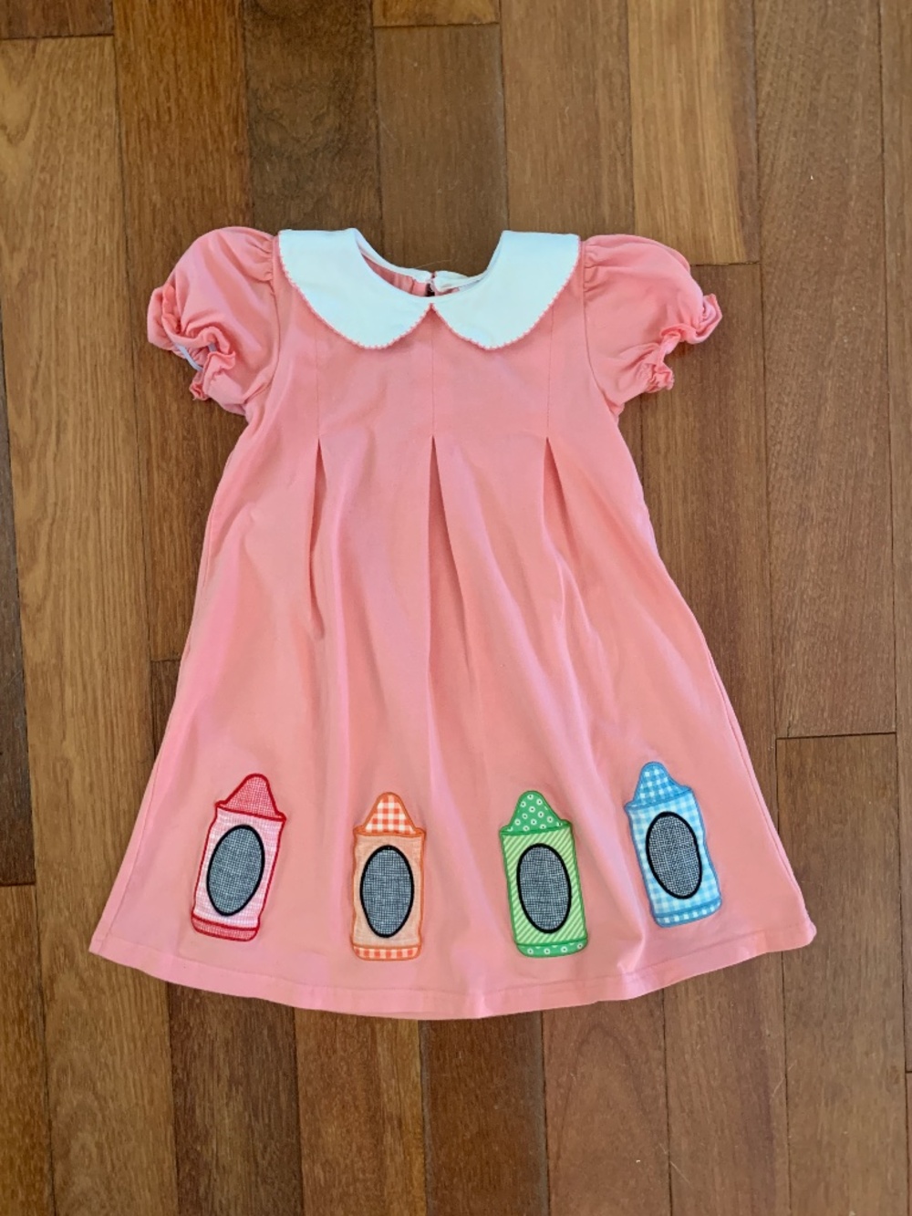 Toddler Girls Pleated Peter Pan Collar Applique Crayons Back To School Dress 4T